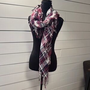Francesca's Collections Maroon and Black & White Plaid Scarf with Fringe NWT